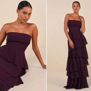 LULUS Sexy Elegant FLowy Prom Wedding Bridesmaid Tiered Ruffles Black Maxi Dress